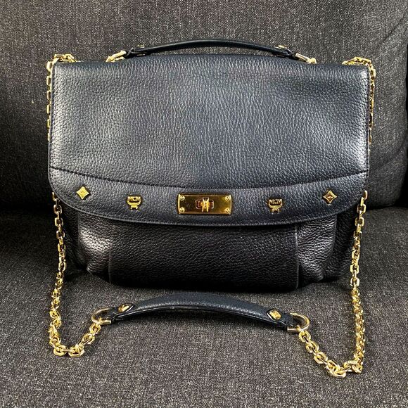 MCM Black Pebbled Leather Logo Charm Studded Convertible Chain Strap Flap Bag - Picture 2 of 16